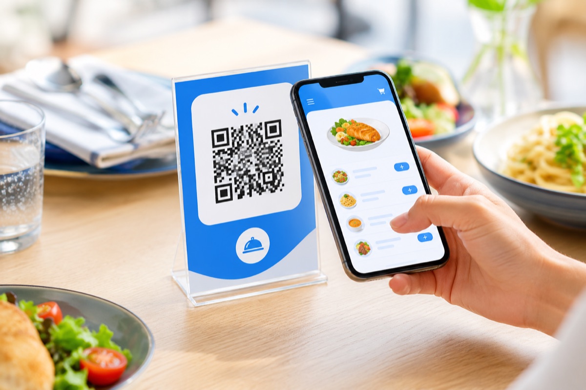 テーブルのQRコードをスマホで読み取って注文するお客様の手元